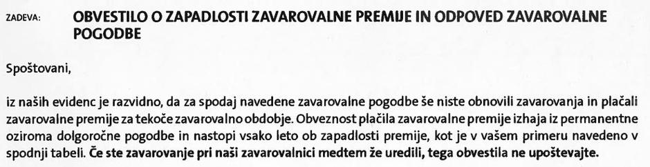 Obvestilo o zapadlosti premije | Avtor: zurnal24.si
