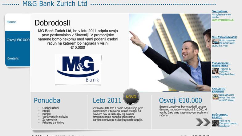 Švicarska banka M&G Bank Zurich Ltd se v glavi spletne strani predstavlja kot M&