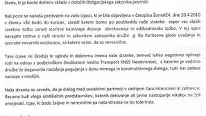Pravni zastopniki Veolie Transporta so Mesariča z dopisom seznanili, da bodo zop