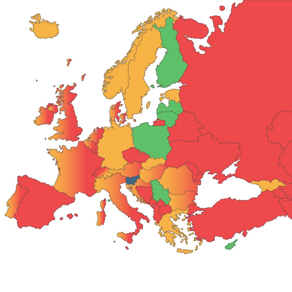 Zemljevid Evrope z barvnimi oznakami držav glede na tveganje za okužbo z novim koronavirusom (velja od 29. septembra 2020) | Avtor: Urad vlade za komuniciranje