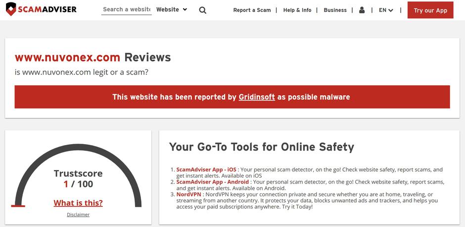 Scamadviser Nuvonex | Avtor: Zajem zaslona