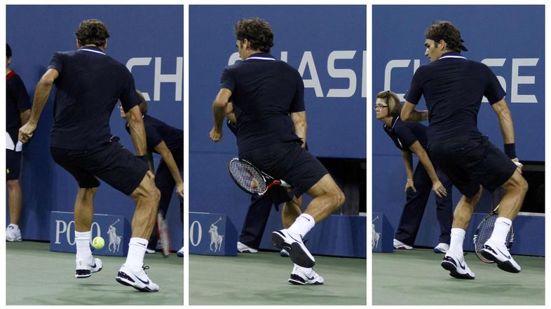 Takole je Roger Federer žogico zadel med nogama in osvojil točko. (Foto: Reuters
