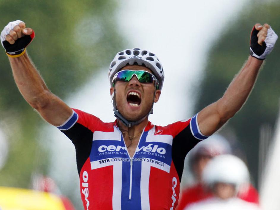 Thor Hushovd se veseli etapne zmage na slovitem Touru. (Foto: Reuters)