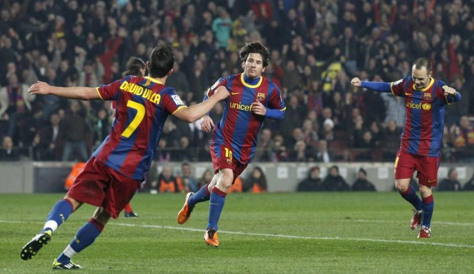 Lionel Messi David Villa Andres Iniesta gol zadetek proslavljanje proslava vesel