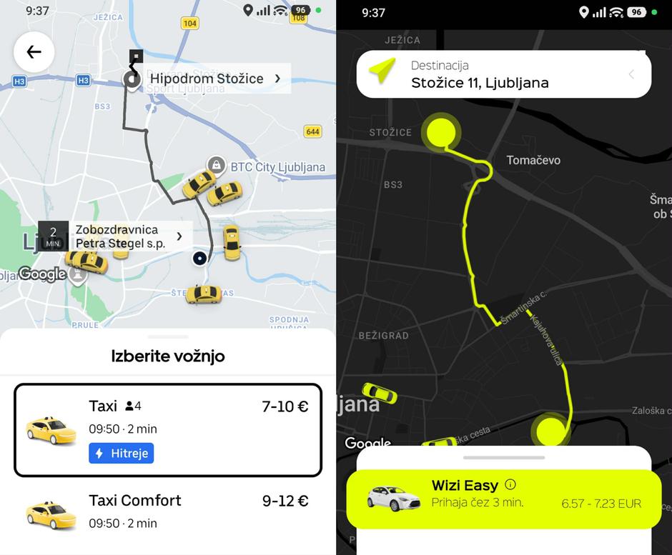 Primerjava Uber in Wizi | Avtor: Posnetek zaslona
