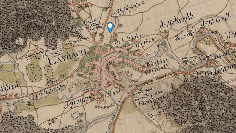 Ljubljana na vojaškem zemljevidu iz 18. stoletja