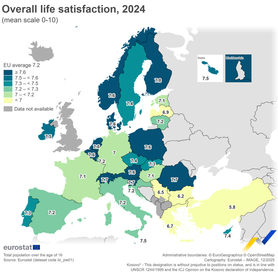 Zadovoljstvo z življenjem EU 2024 | Avtor: Eurostat