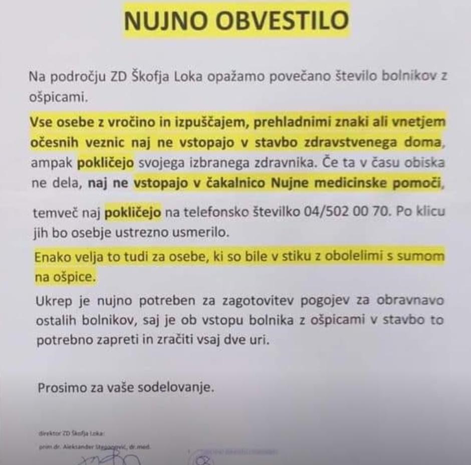 Obvestilo ZD Škofja Loka | Avtor: facebook