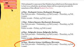 Na Shakirini spletni strani piše, da 11. maja prihaja v Ljubljano, vstopnice pa 