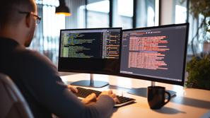 Programer dela na računalniku s šalico na mizi