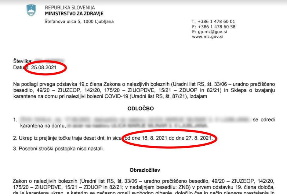 Karantenska odločba | Avtor: zurnal24.si