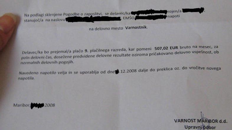 Varnostnik je svoje besede podkrepil s plačilnimi listami in in napotilom na del