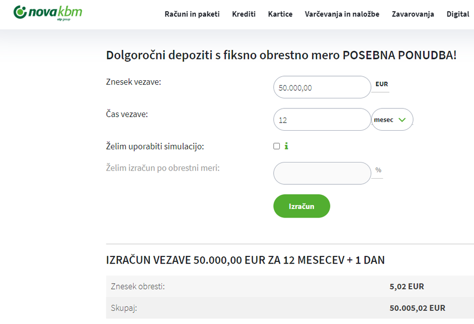 Izračun depozita NKBM | Avtor: zajem zaslona