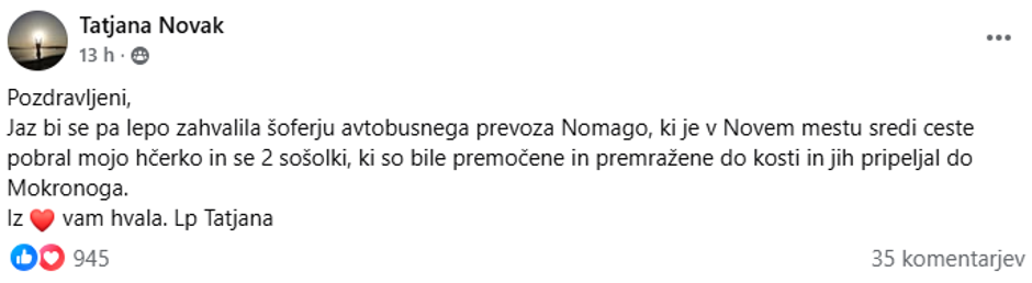 Pohvala voznika | Avtor: Facebook/Tatjana Novak