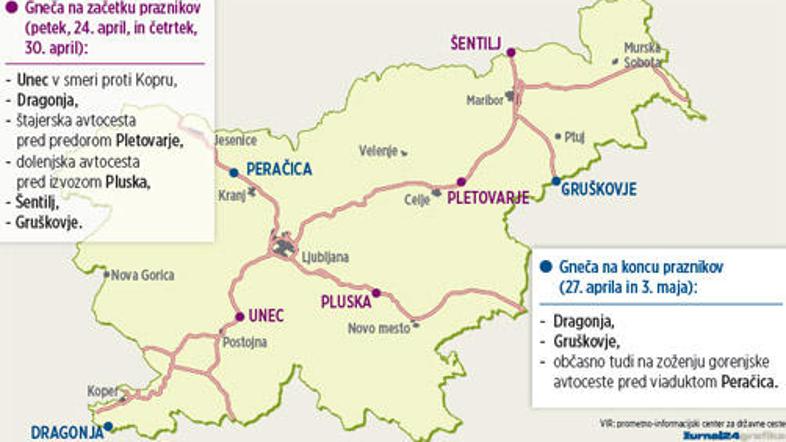 Odseki, na katerih bo med prazniki predvidoma prihajalo do zastojev.