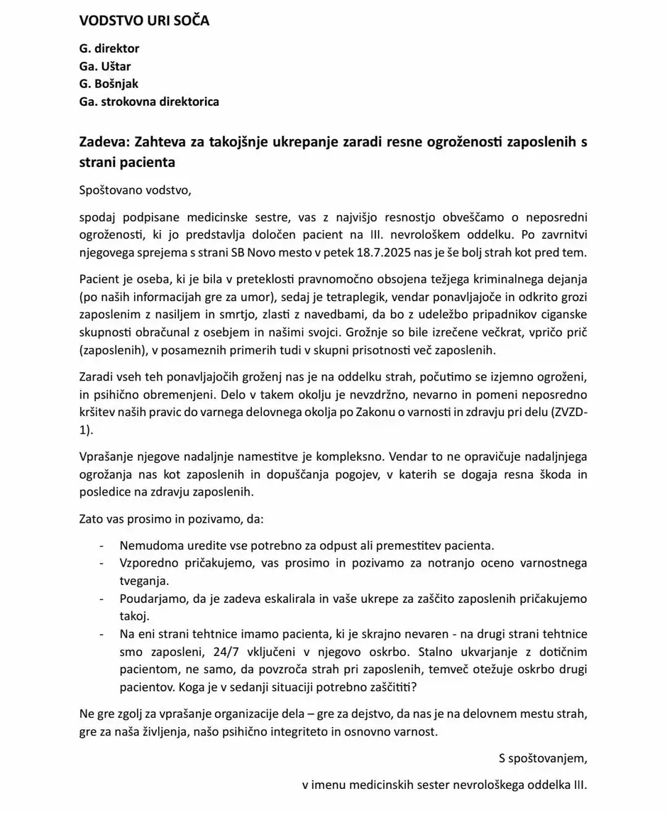 pismo osebja URI Soča | Avtor: Facebook