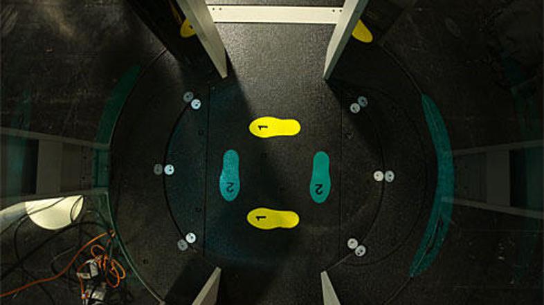 Skener, ki skenira sliko celotnega telesa, ima označena mesta, kamor se postavij