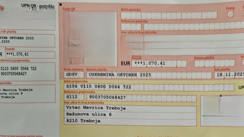 Položnica za 1070 evrov, vrtec