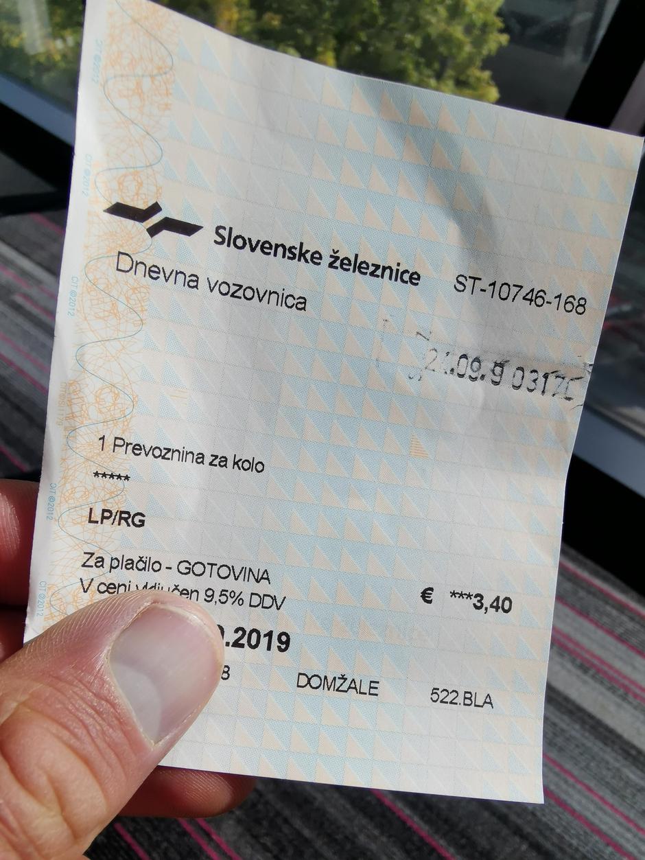 Vozovnica za vlak Slovenske železnice, prevoznina za kolo | Avtor: zurnal24.si