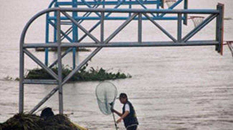 Moški skuša rešiti psa s poplavljenega košarkaškega igrišča.