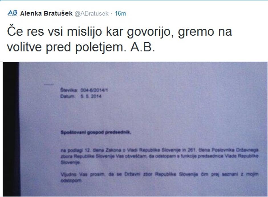 Bratuškova - odstopna izjava | Avtor: Reševalni pas/Twitter