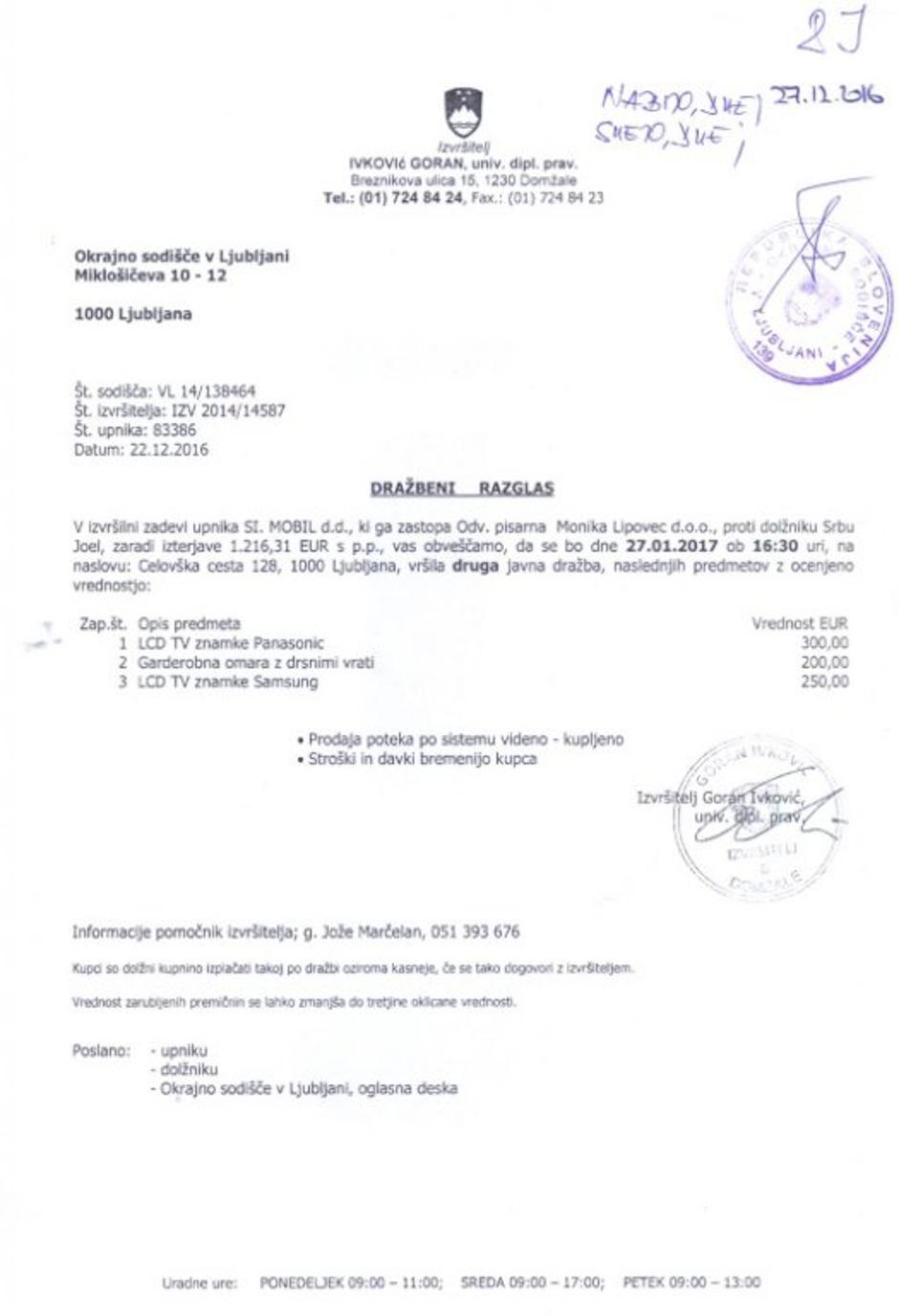 Joel Srbu, dražba | Avtor: Okrajno sodišče Ljubljana