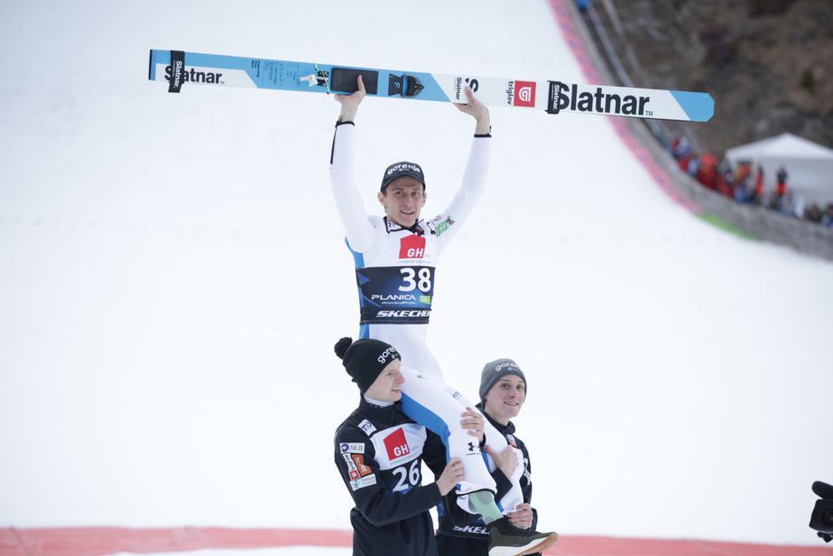 planica 2024, Lovro Kos, Peter Prevc, Domen Prevc | Avtor: Saša Despot