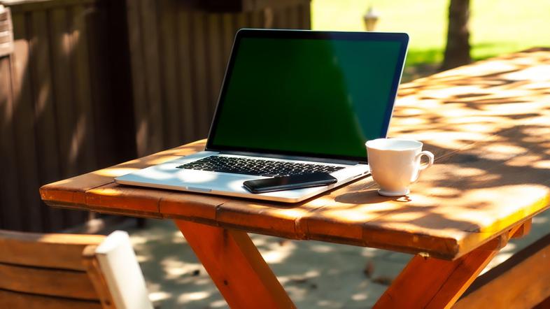 Računalnik zunaj, kava,