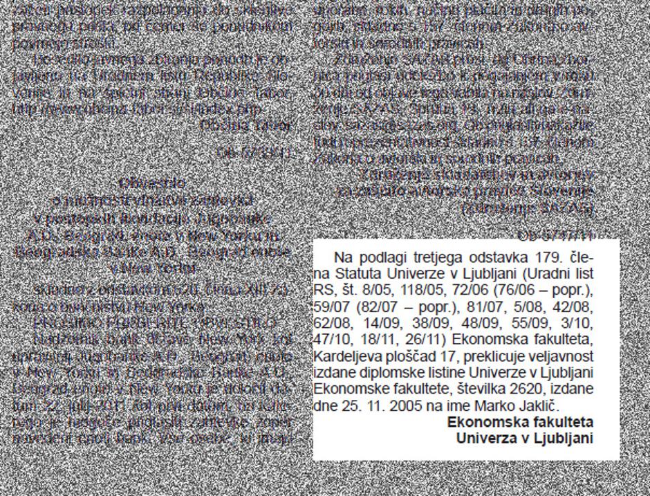 Odločba o Jakličevem magisteriju. | Avtor: Uradni list Republike Slovenije