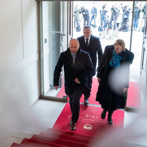 Jernej Vrtovec Tina Bregant Marko Lotrič predsedniki parlamentarnih strank pri predsednici Nataši Pirc Musar