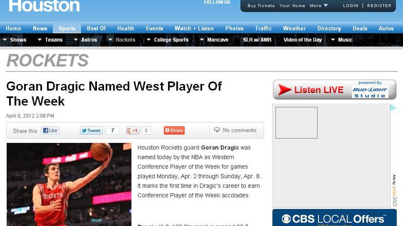 Dragić Houston Rockets CBS Houston novica screenshot igralec tedna