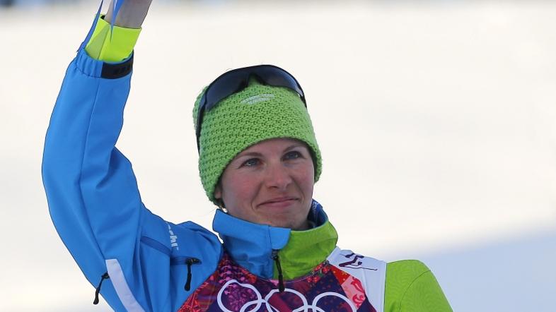 sport 11.02.14. Vesna Fabjan, Slovenia's Vesna Fabjan celebrates her third place