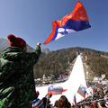 sport 15.03.12. Planica 2012, skakalnica, navijaci, zastava, A spectator waves a