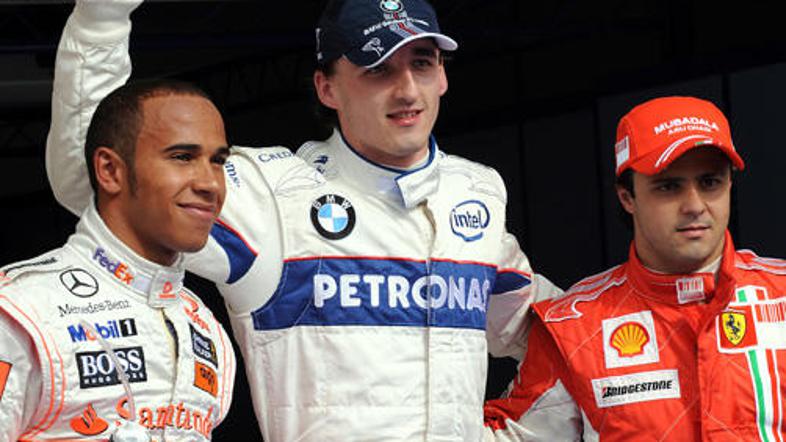 Prvi trije na kvalifikacijah: Lewis Hamilton (tretji), Robert Kubica (prvi) in F