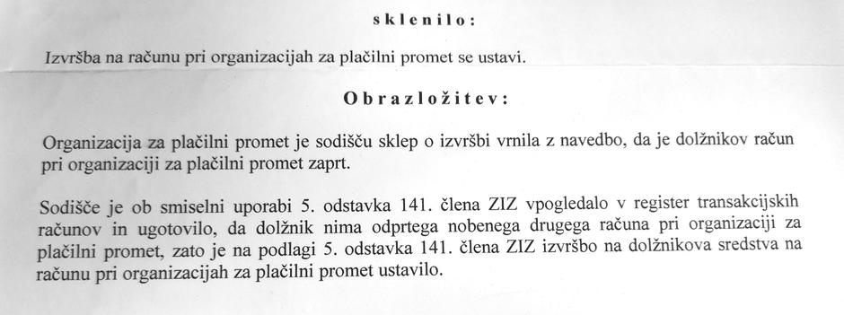 Sklep o ustavitvi izvršbe | Avtor: zurnal24.si