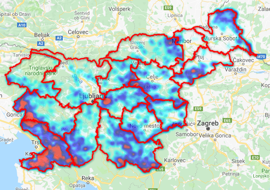 Gostota odvzema divjega prašiča v Sloveniji v letu 2018 | Avtor: Osrednji Slovenski Lovsko - Informacijski sistem