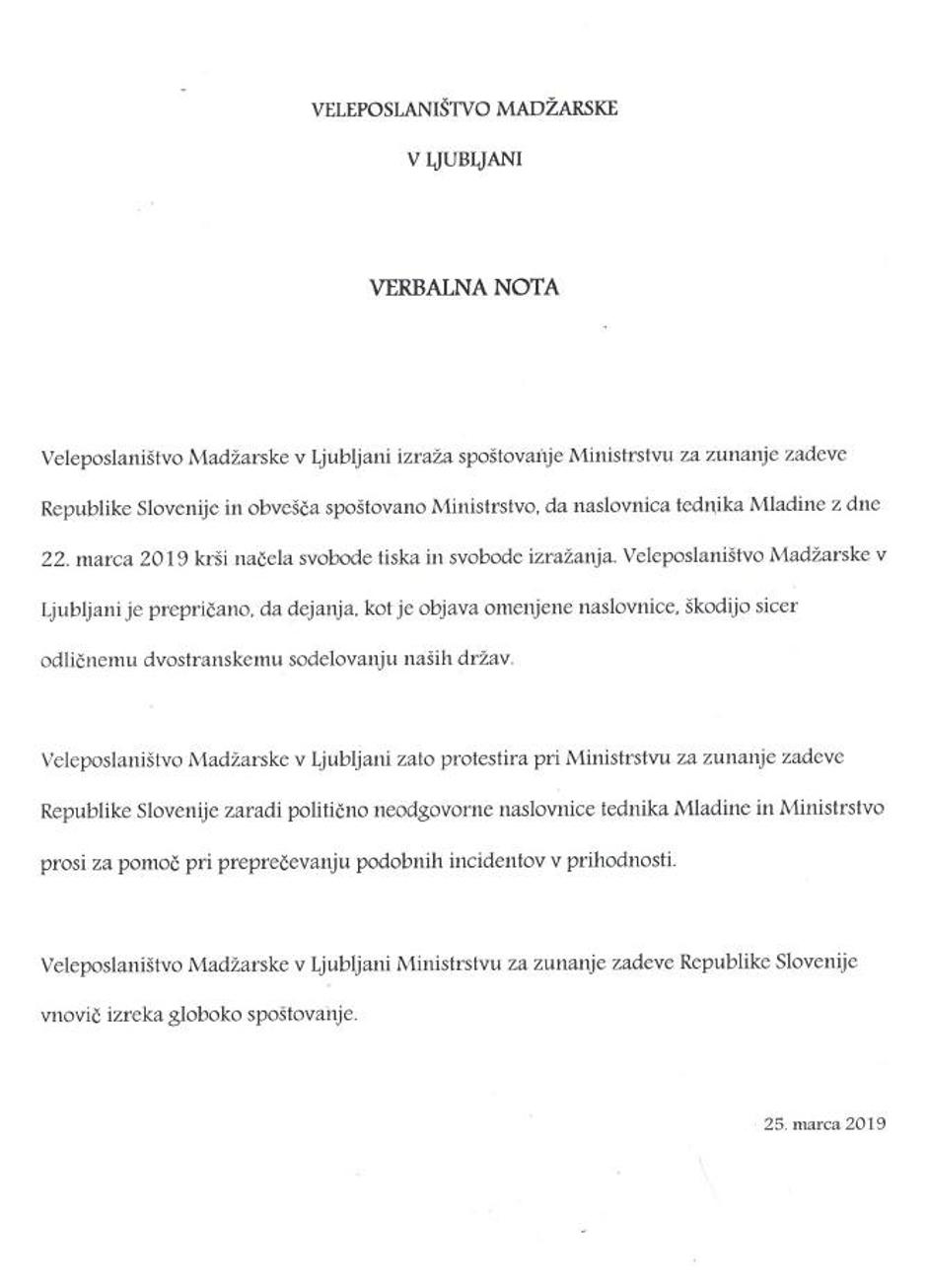 Verbalna nota Madžarske | Avtor: Mladina