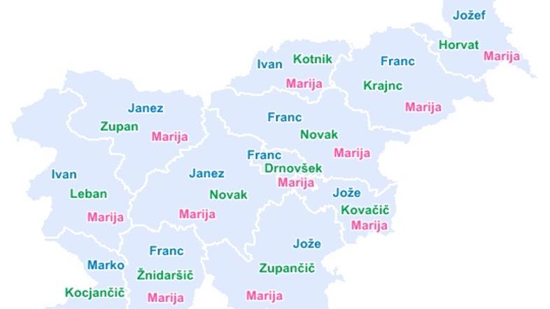 Najpogostejše moško in žensko ime ter priimek, statistične regije, Slovenija