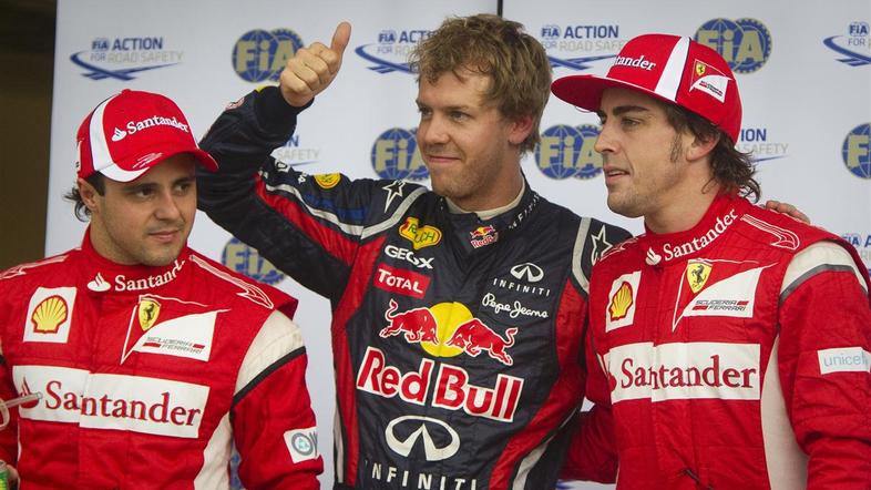 Najboljši trije na kvalifikacijah: tretji Massa, prvi Vettel in drugi Alonso.