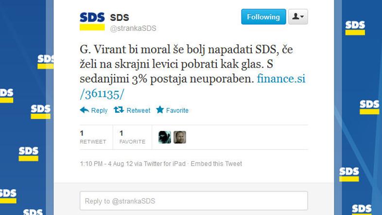 Tvit SDS o Virantu