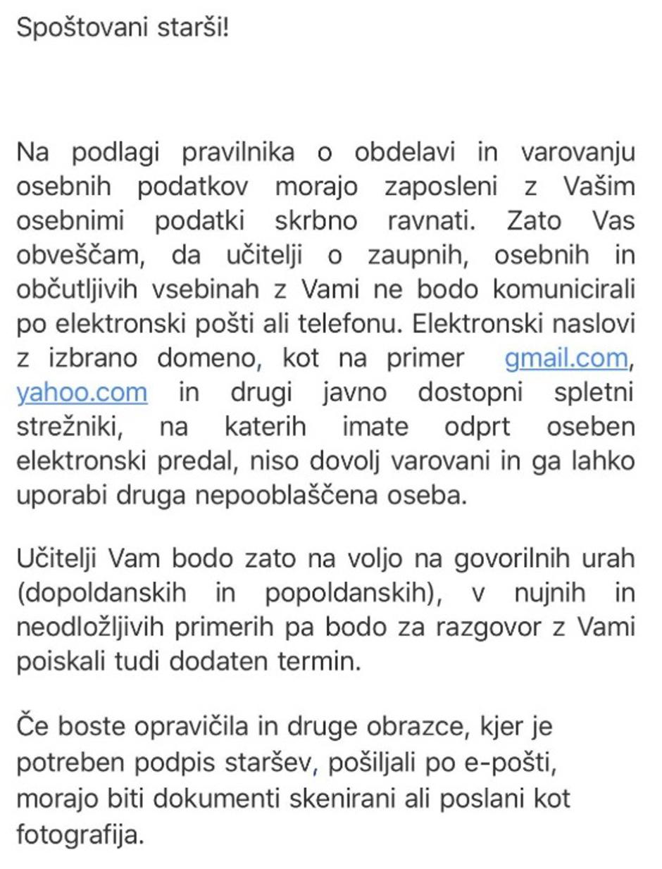 Sporočilo šole staršem | Avtor: 