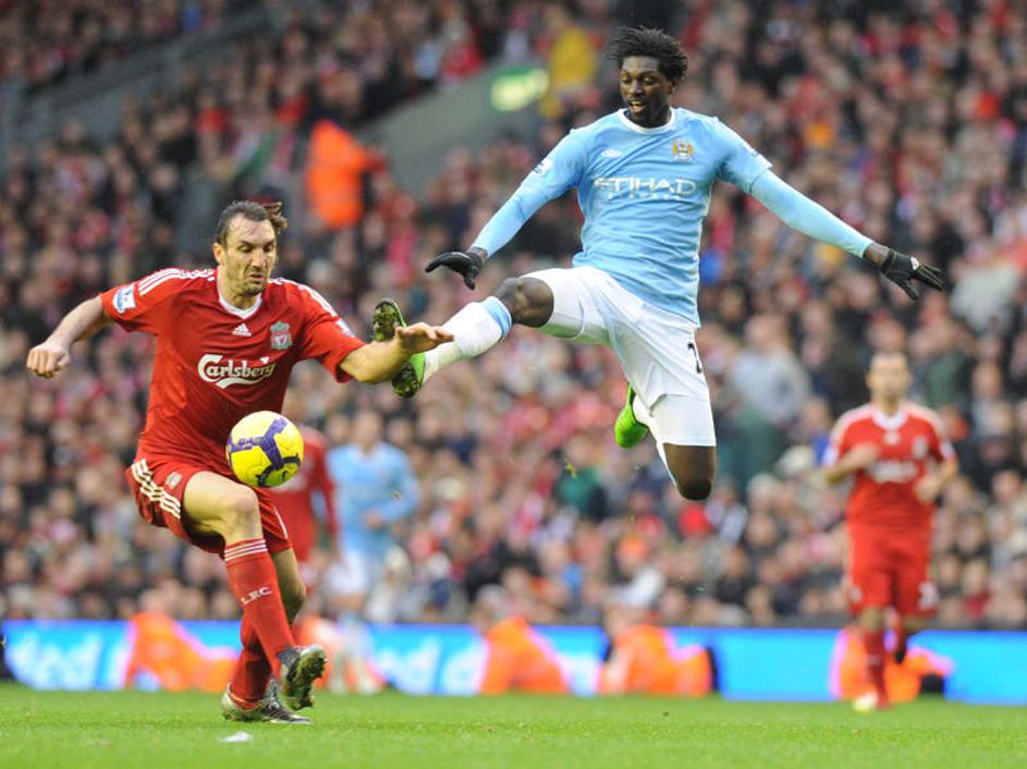 Adebayor je zadel za Manchester City. To je bil eden od 34 golov kola. (Foto: EP