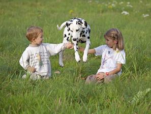 Pes skače z otrokom zunaj