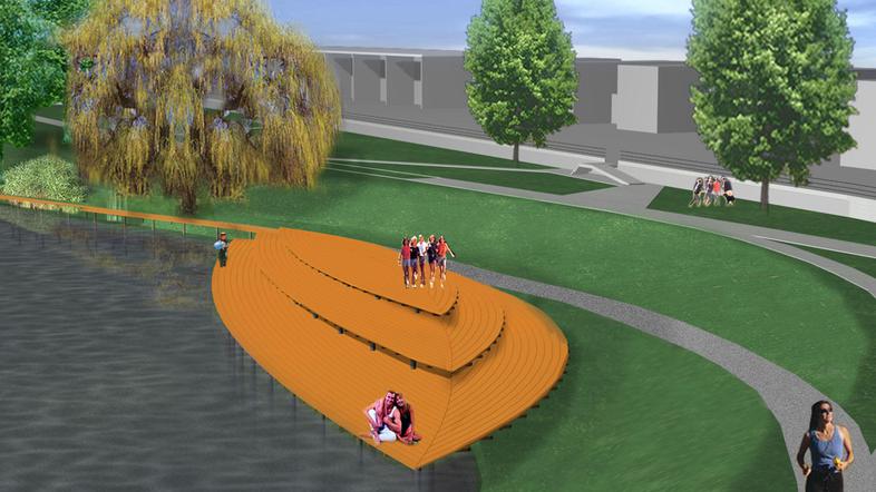 Perspektiva prihodnjega vzhodnega brega Koseškega bajerja s travnatim parkom. Le