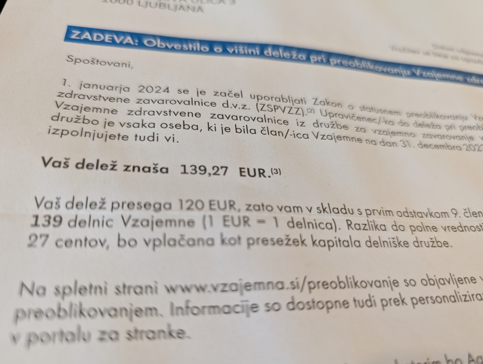 Obvestilo, ki ga je Vzajemna poslala nekdanjim zavarovancem | Avtor: Žurnal24 