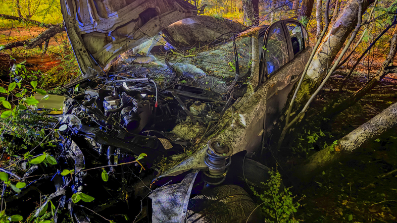 nesreča pri visoki hitrosti razbito vozilo med drevesi