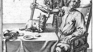 Upodobitev poskusa transfuzije krvi iz živali na človeka, slika iz okoli 1750. (