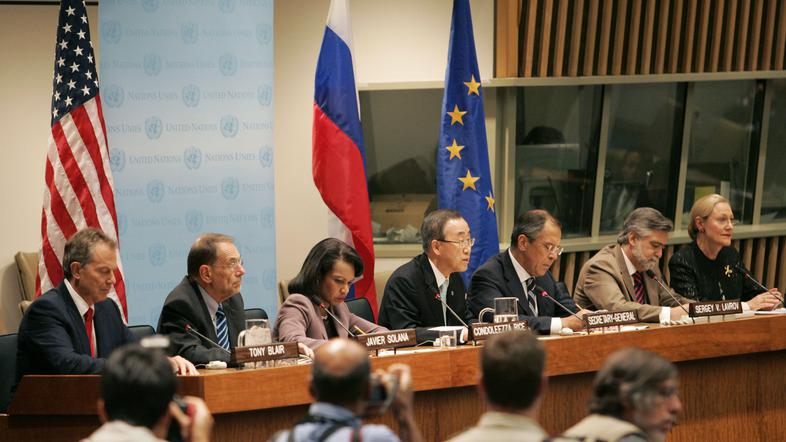 Na srečanju četverice so se zbrali Ban Ki Mun, Condoleezza Rice, Sergej Lavrov, 
