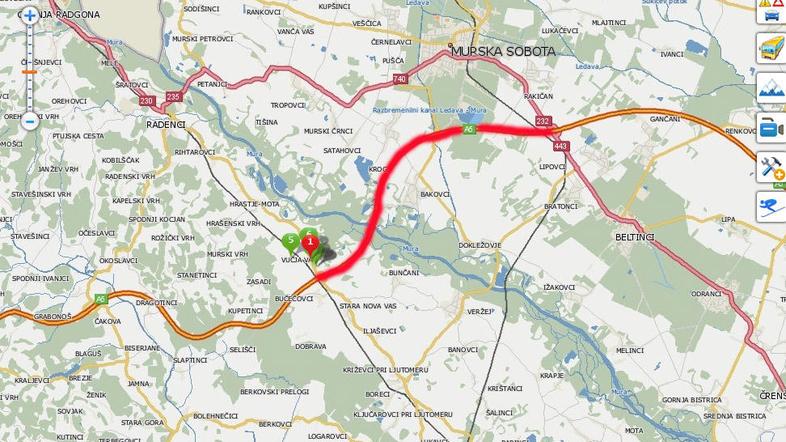Z rdečo je označen odsek avtoceste med Mursko Soboto in Vučjo vasjo. (Foto: Najd