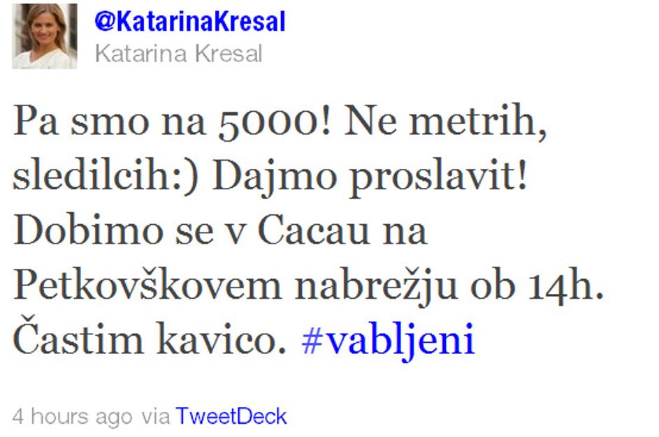 Vabilo Katarine Kresal na Twitterju.